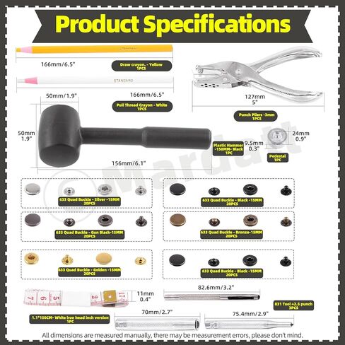 Mardatt 120 Sets Leather Snap Fasteners Kit with Installation Tools, 6 Color 12.5 mm Metal Snap Buttons Press Studs, Hole Puncher, Hammer, Setting Tools, Marker, Measuring Tape for DIY Leather in Saudi Arabia