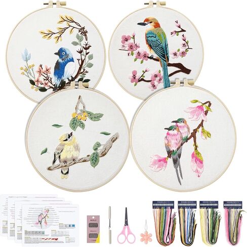 Arctikmint 4 Set Embroidery Kit for Beginners Stamped Embroidery for Adults and Kids, Cross Stitch Kits with Birds Patterns Includes Bamboo Hoop, Scissors, Tools and Instruction in Saudi Arabia