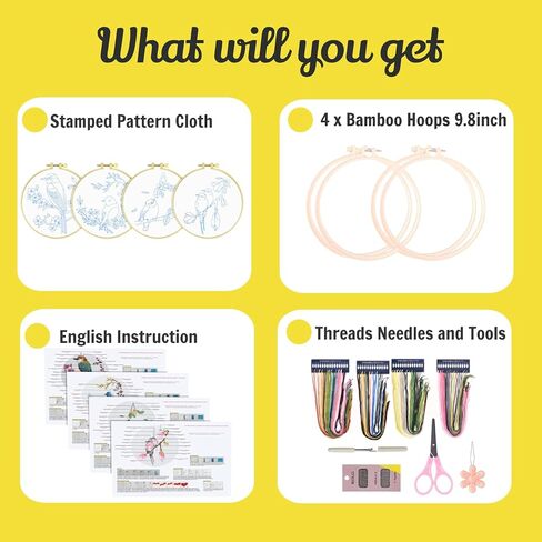 Arctikmint 4 Set Embroidery Kit for Beginners Stamped Embroidery for Adults and Kids, Cross Stitch Kits with Birds Patterns Includes Bamboo Hoop, Scissors, Tools and Instruction in Saudi Arabia