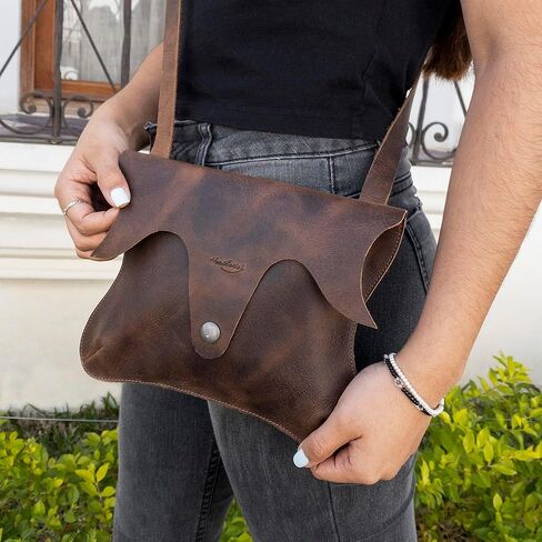 Heather's, Leaf-Shaped Shoulder Bag, Crossbody Bag with Adjustable Strap, Messenger Bag, Full Grain Leather, Handmade, Bourbon Brown in Kuwait