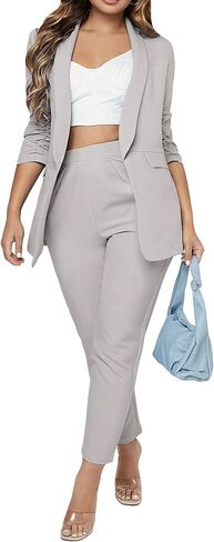 SweatyRocks Women's 2 Piece Solid Ruched Sleeve Blazer and Pants Business Office Suit Set Solid Grey XL in Saudi Arabia