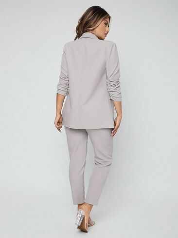 SweatyRocks Women's 2 Piece Solid Ruched Sleeve Blazer and Pants Business Office Suit Set Solid Grey XL in Saudi Arabia