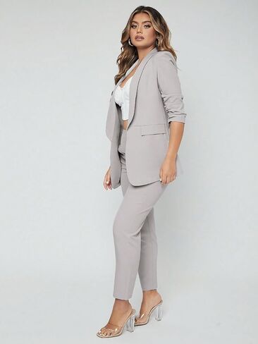 SweatyRocks Women's 2 Piece Solid Ruched Sleeve Blazer and Pants Business Office Suit Set Solid Grey XL in Saudi Arabia