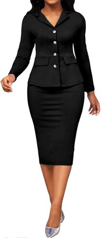 طقم ملابس نسائية كاجوال مكون من قطعتين بدلة تنورة عمل خريفية بأكمام طويلة وسترة وتنورات عالية الخصر للعمل أسود M in Kuwait