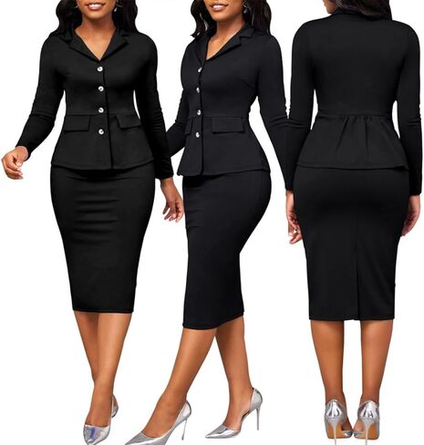 طقم ملابس نسائية كاجوال مكون من قطعتين بدلة تنورة عمل خريفية بأكمام طويلة وسترة وتنورات عالية الخصر للعمل أسود M in Kuwait