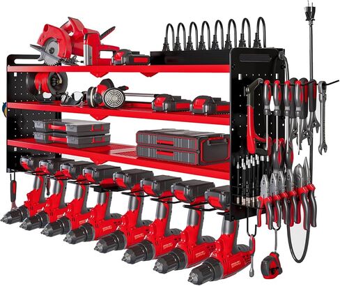 Power Tool Organizer Wall Mount with Charging Station,Cordless Tool Organizer 8 Drill Holder, 4 Layer Storage Rack for Garage Organization,Tool Holder with 8 Outlet Power Strip (Black) in Kuwait