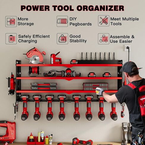 Power Tool Organizer Wall Mount with Charging Station,Cordless Tool Organizer 8 Drill Holder, 4 Layer Storage Rack for Garage Organization,Tool Holder with 8 Outlet Power Strip (Black) in Kuwait