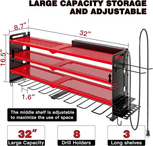 Power Tool Organizer Wall Mount with Charging Station,Cordless Tool Organizer 8 Drill Holder, 4 Layer Storage Rack for Garage Organization,Tool Holder with 8 Outlet Power Strip (Black) in Kuwait