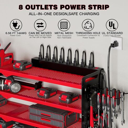 Power Tool Organizer Wall Mount with Charging Station,Cordless Tool Organizer 8 Drill Holder, 4 Layer Storage Rack for Garage Organization,Tool Holder with 8 Outlet Power Strip (Black) in Kuwait