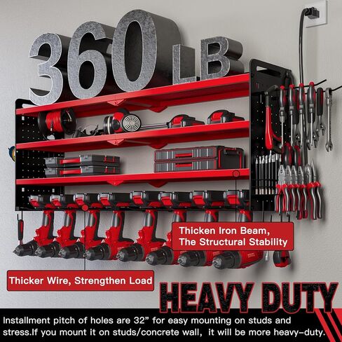 Power Tool Organizer Wall Mount with Charging Station,Cordless Tool Organizer 8 Drill Holder, 4 Layer Storage Rack for Garage Organization,Tool Holder with 8 Outlet Power Strip (Black) in Kuwait