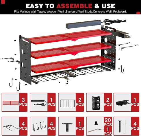 Power Tool Organizer Wall Mount with Charging Station,Cordless Tool Organizer 8 Drill Holder, 4 Layer Storage Rack for Garage Organization,Tool Holder with 8 Outlet Power Strip (Black) in Kuwait