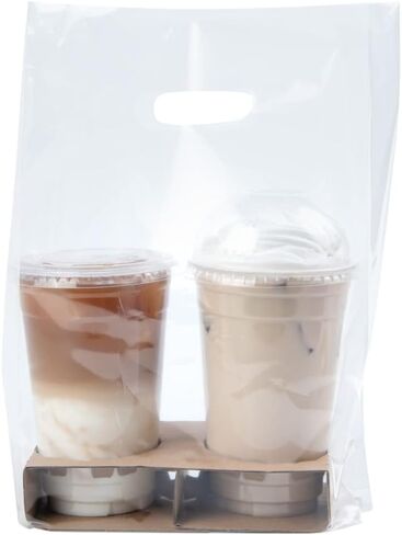 Restaurantware BAGS ONLY: 13.8 x 7.9 x 4.3 Inch To Go Bags 100 Self Standing Take Out Bags - Fits 2 Cup Drink Carrier Premium Clear Plastic Food To Go Bags For To Go Meals Or Drinks in Kuwait