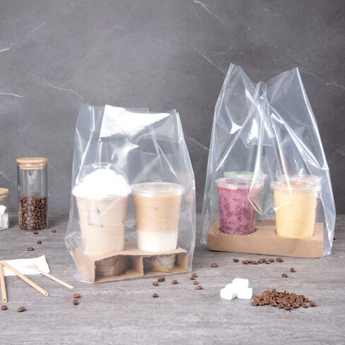 Restaurantware BAGS ONLY: 13.8 x 7.9 x 4.3 Inch To Go Bags 100 Self Standing Take Out Bags - Fits 2 Cup Drink Carrier Premium Clear Plastic Food To Go Bags For To Go Meals Or Drinks in Kuwait
