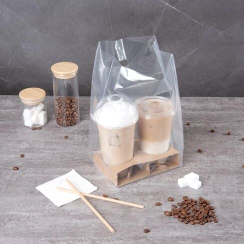 Restaurantware BAGS ONLY: 13.8 x 7.9 x 4.3 Inch To Go Bags 100 Self Standing Take Out Bags - Fits 2 Cup Drink Carrier Premium Clear Plastic Food To Go Bags For To Go Meals Or Drinks in Kuwait