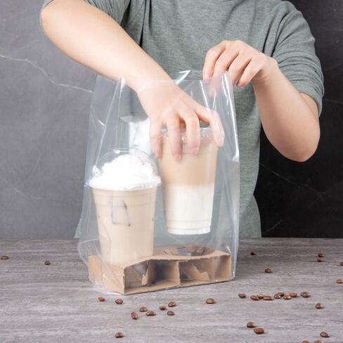 Restaurantware BAGS ONLY: 13.8 x 7.9 x 4.3 Inch To Go Bags 100 Self Standing Take Out Bags - Fits 2 Cup Drink Carrier Premium Clear Plastic Food To Go Bags For To Go Meals Or Drinks in Kuwait