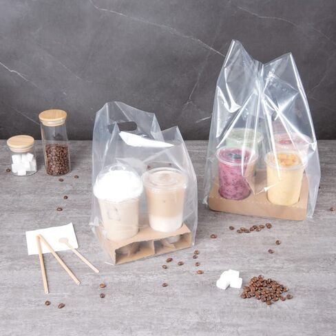 Restaurantware BAGS ONLY: 13.8 x 7.9 x 4.3 Inch To Go Bags 100 Self Standing Take Out Bags - Fits 2 Cup Drink Carrier Premium Clear Plastic Food To Go Bags For To Go Meals Or Drinks in Kuwait