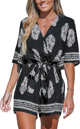 CUPSHE Women's Jumpsuits Surplice Neck Wide-Leg Romper Short Sleeve Overall Waist Tie Outfit Casual Dressy in Saudi Arabia