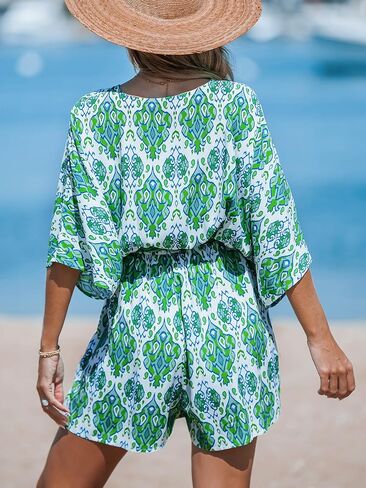 CUPSHE Women's Jumpsuits Surplice Neck Wide-Leg Romper Short Sleeve Overall Waist Tie Outfit Casual Dressy in Saudi Arabia