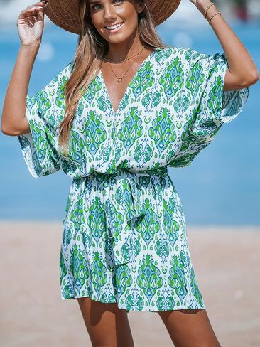 CUPSHE Women's Jumpsuits Surplice Neck Wide-Leg Romper Short Sleeve Overall Waist Tie Outfit Casual Dressy in Saudi Arabia