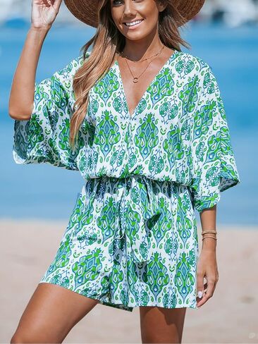 CUPSHE Women's Jumpsuits Surplice Neck Wide-Leg Romper Short Sleeve Overall Waist Tie Outfit Casual Dressy in Saudi Arabia