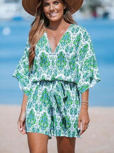 CUPSHE Women's Jumpsuits Surplice Neck Wide-Leg Romper Short Sleeve Overall Waist Tie Outfit Casual Dressy in Saudi Arabia