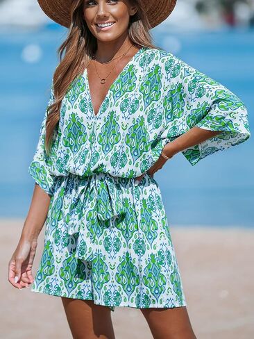 CUPSHE Women's Jumpsuits Surplice Neck Wide-Leg Romper Short Sleeve Overall Waist Tie Outfit Casual Dressy in Saudi Arabia