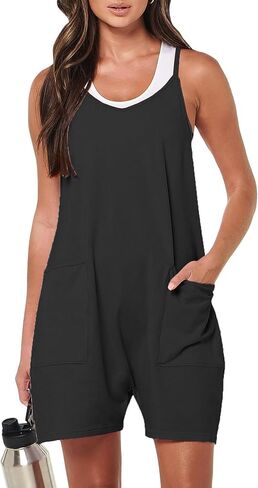 Women's V Neck Sleeveless Romper Summer Casual Loose Spaghetti Strap Short Overalls Jumpersuit with Pockets in Saudi Arabia