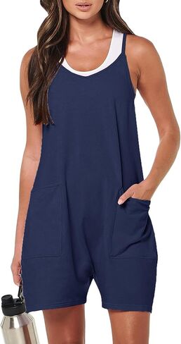 Women's V Neck Sleeveless Romper Summer Casual Loose Spaghetti Strap Short Overalls Jumpersuit with Pockets in Saudi Arabia