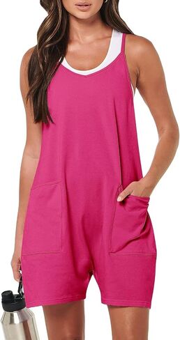 Women's V Neck Sleeveless Romper Summer Casual Loose Spaghetti Strap Short Overalls Jumpersuit with Pockets in Saudi Arabia