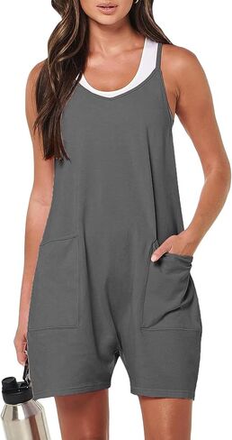 Women's V Neck Sleeveless Romper Summer Casual Loose Spaghetti Strap Short Overalls Jumpersuit with Pockets in Saudi Arabia