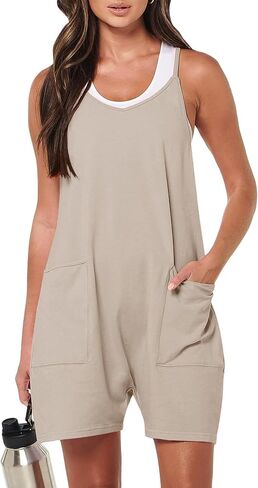 Women's V Neck Sleeveless Romper Summer Casual Loose Spaghetti Strap Short Overalls Jumpersuit with Pockets in Saudi Arabia