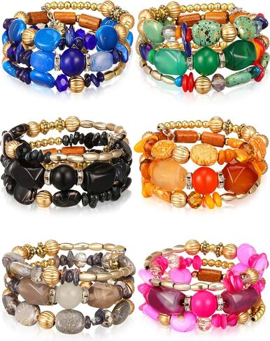6 Pcs Boho Multilayer Irregular Agate Beads Charm Bracelets Vintage Yoga Turquoise Bangles Boho Jewelry for Women (Fresh Color) (Classic Color) in Saudi Arabia