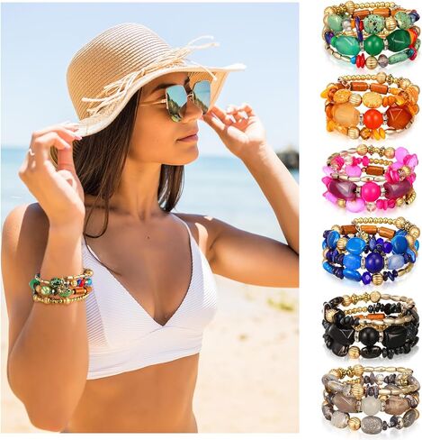 6 Pcs Boho Multilayer Irregular Agate Beads Charm Bracelets Vintage Yoga Turquoise Bangles Boho Jewelry for Women (Fresh Color) (Classic Color) in Saudi Arabia