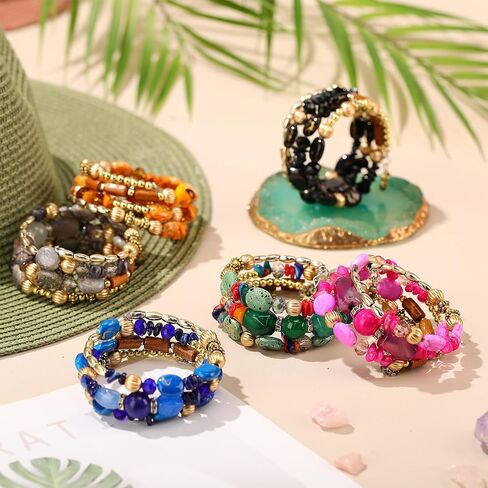 6 Pcs Boho Multilayer Irregular Agate Beads Charm Bracelets Vintage Yoga Turquoise Bangles Boho Jewelry for Women (Fresh Color) (Classic Color) in Saudi Arabia