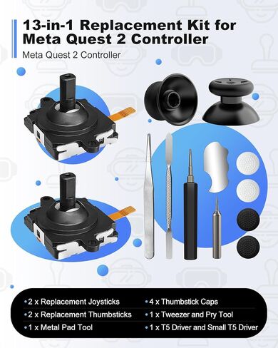 OLCLSS Joystick Replacement Kit for Oculus Quest 2 Controller, Repair Accessories for Meta Quest 3 Controller, Include 2 Joysticks, T5 Screwdriver, Tweezer, Pry Tool, 4 Thumbstick Grips in Kuwait