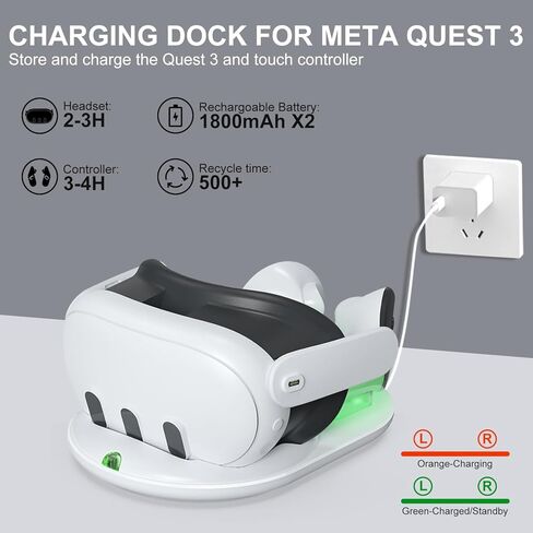 قاعدة شحن محسنة مع ضوء LED لـ Oculus/Meta Quest 3، محطة شحن مغناطيسية لوحدة التحكم باللمس Oculus Quest 3 وسماعة رأس VR، مع بطاريتين قابلتين لإعادة الشحن بقوة 1800 مللي أمبير في الساعة in Kuwait