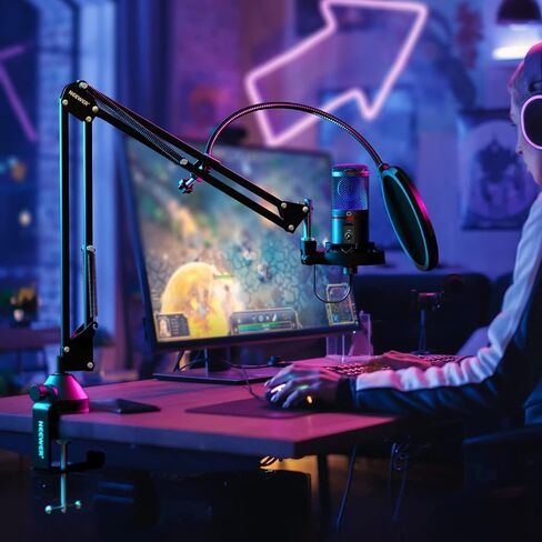 NEEWER USB Gaming Microphone, Plug&Play One Click Mute and Gain, Computer Condenser Microphone for PC MAC, Upgraded Boom Stand Shock Mount Cool Lighting for Streaming Twitch Online Chat (CM20) in Saudi Arabia