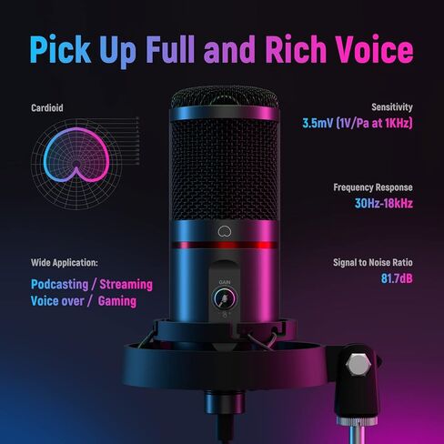 NEEWER USB Gaming Microphone, Plug&Play One Click Mute and Gain, Computer Condenser Microphone for PC MAC, Upgraded Boom Stand Shock Mount Cool Lighting for Streaming Twitch Online Chat (CM20) in Saudi Arabia