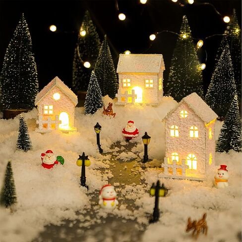 Gerrii 17 Pcs Christmas Village Sets Winter Houses Village with Lighted LED Accessories Christmas Village Figurines Scene Desktop Ornament for Indoor Room Landscape Xmas Holiday Party Decor in Saudi Arabia