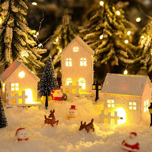 Gerrii 17 Pcs Christmas Village Sets Winter Houses Village with Lighted LED Accessories Christmas Village Figurines Scene Desktop Ornament for Indoor Room Landscape Xmas Holiday Party Decor in Saudi Arabia