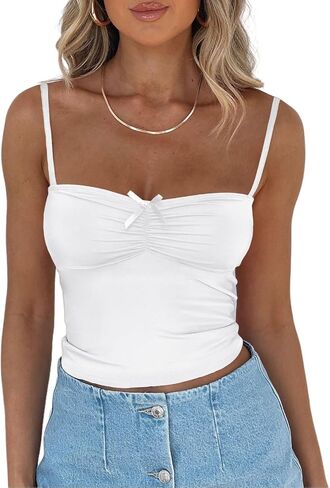 Women Sleeveless Sexy Backless Bowknot Pleated Short Y2K Strappy Ruched Tank Top Summer Slim Fit Cute Fashion Tops in Saudi Arabia