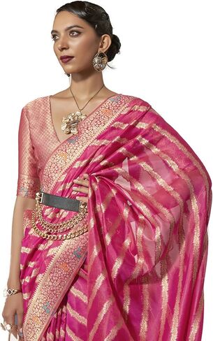 Womens Organza Woven Design Saree With Unstitched Blouse Piece (Free Size Pink) in Saudi Arabia