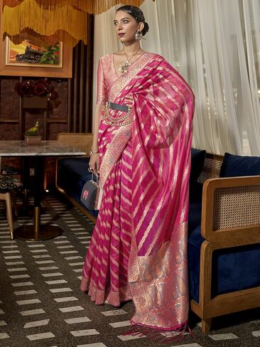 Womens Organza Woven Design Saree With Unstitched Blouse Piece (Free Size Pink) in Saudi Arabia