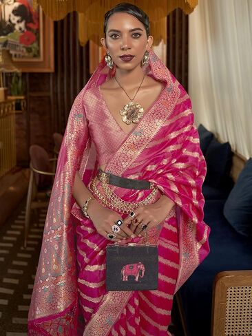Womens Organza Woven Design Saree With Unstitched Blouse Piece (Free Size Pink) in Saudi Arabia