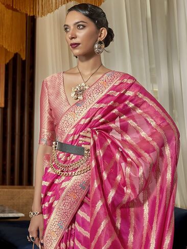 Womens Organza Woven Design Saree With Unstitched Blouse Piece (Free Size Pink) in Saudi Arabia