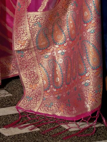 Womens Organza Woven Design Saree With Unstitched Blouse Piece (Free Size Pink) in Saudi Arabia