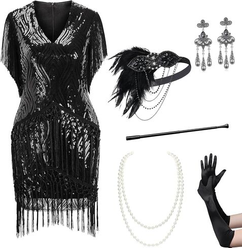 BABEYOND 1920s Flapper Dress Long Fringed Gatsby Dress Roaring 20s Sequins Beaded Dress Vintage Art Deco Dress in Saudi Arabia
