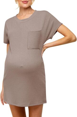 Onedreamer Women's Maternity Dress Rib Knit Front Pocket Dolman Short Sleeve T Shirts Dress in Saudi Arabia