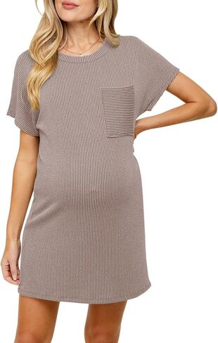 Onedreamer Women's Maternity Dress Rib Knit Front Pocket Dolman Short Sleeve T Shirts Dress in Saudi Arabia