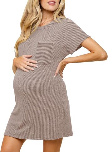 Onedreamer Women's Maternity Dress Rib Knit Front Pocket Dolman Short Sleeve T Shirts Dress in Saudi Arabia